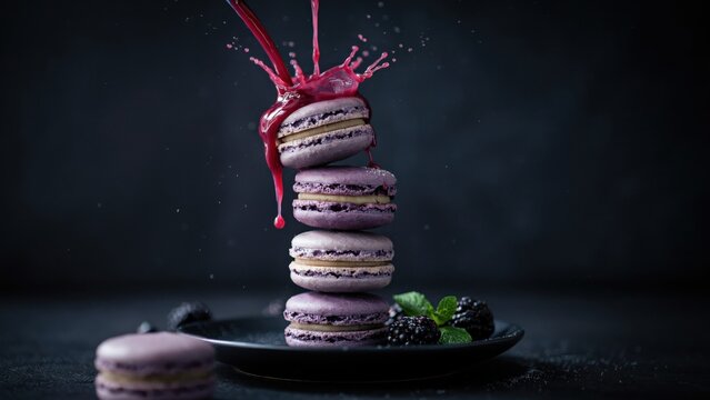 Purple macaron stack with pouring blackberry sauce on dark background. Delicious dessert photography for gourmet bakery marketing.