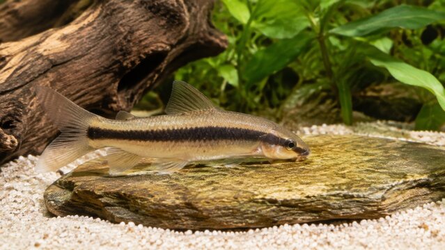 Freshwater tank algae eater &ndash; sucker fish near aquatic plants authentic detail authentic detail