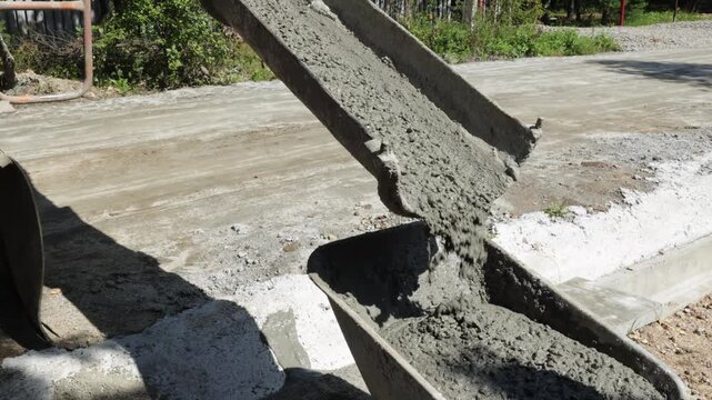 Wet concrete pours from a chute into a wheelbarrow outdoors, concrete delivery and construction process.