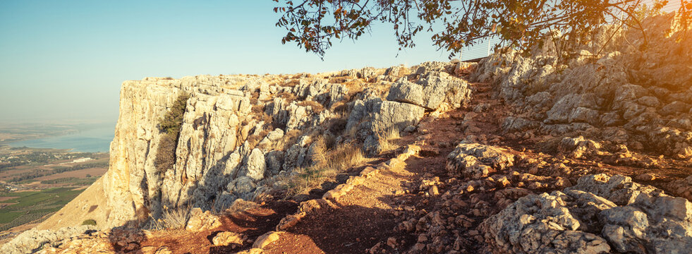 Rocky landscape in northern Israel. Arbel cliff on Mount Nitai (Har Nitai). Galilee, Israel