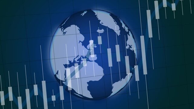 Global Stock Market Growth Concept With Rotating Digital Globe And Rising Candlestick Chart