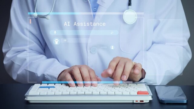 Focused doctor typing on white keyboard utilizing smart ai clinical assistance technology interface for modern medical healthcare data management