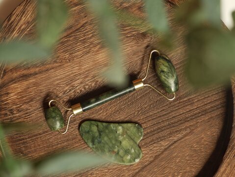 Jade roller and gua sha stone through eucalyptus leaves, beauty flat lay