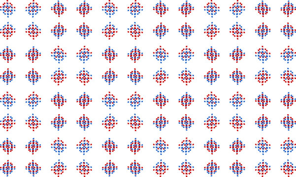 round dot flower double layer, square round snowflakes two tone blue and red star flower asterisk horizontal row pattern on white background as seamless repeat style replete image design for fabric pr