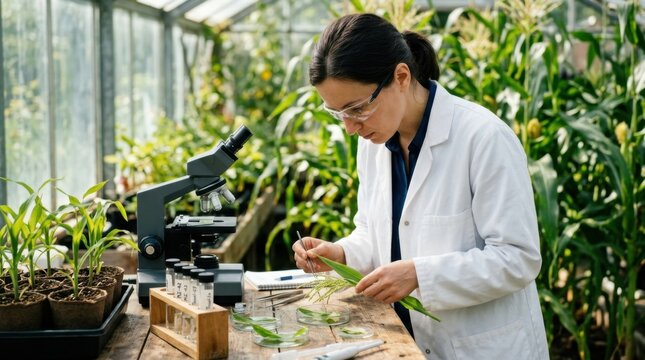 Plant geneticist examines maize tassels and leaf tissue beside seed trays and microscope in a greenhouse lab