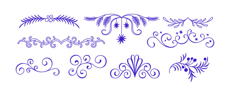 Hand-drawn collection of Christmas and New Year decorative icons featuring snowflakes, Christmas trees, ornaments, stars, bows, gifts, and festive elements