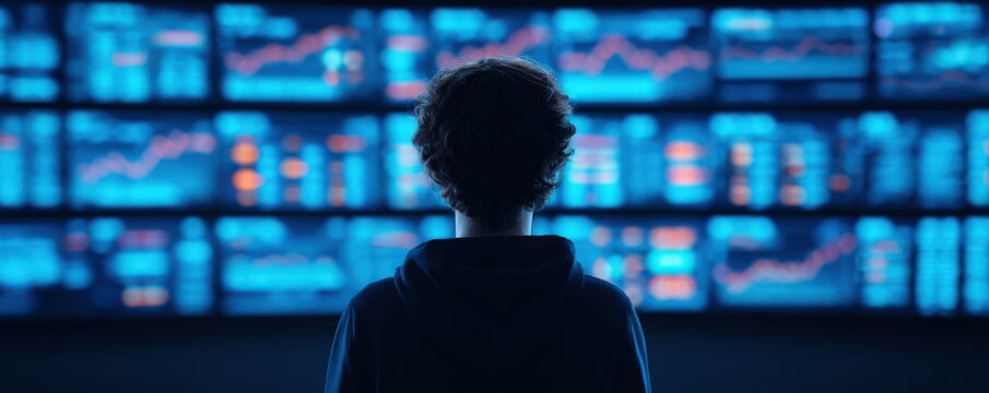 Professional analyzing financial stock market data on large glowing blue digital wall for investment strategy and real-time market intelligence research