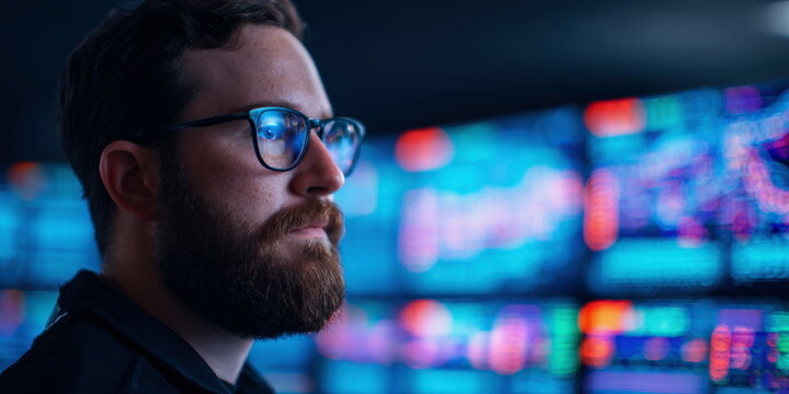Bearded man in glasses analyzing digital financial data charts on large wall screens for corporate business intelligence and market trend monitoring