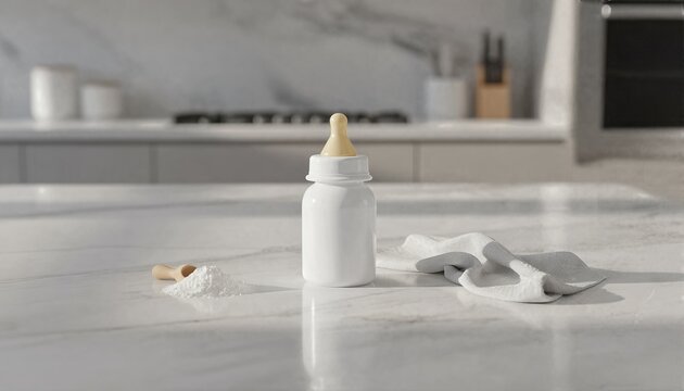 White infant nursing bottle on a clean marble kitchen counter with formula powder