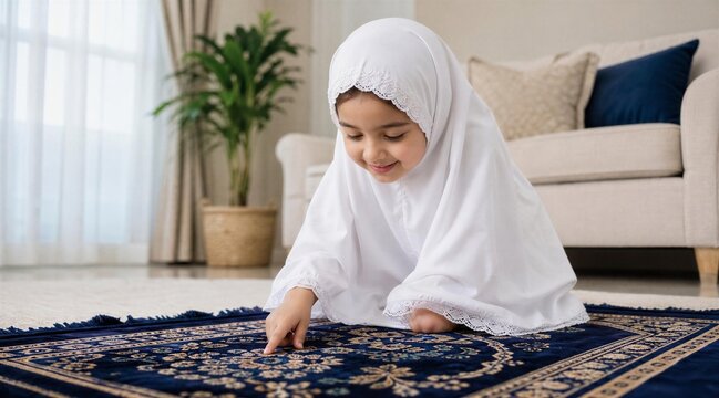 Muslim Girl in White Hijab on Blue Prayer Rug at Home