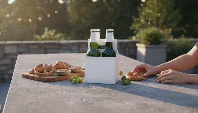 White labeled beer carrier on a sunlit patio table with gourmet pretzels and fresh hops