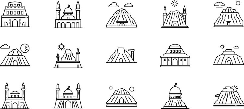 Architecture mountain icons, domed buildings, temples, pyramids, natural landscapes, sun moon clouds, minimalist design, cultural illustration set