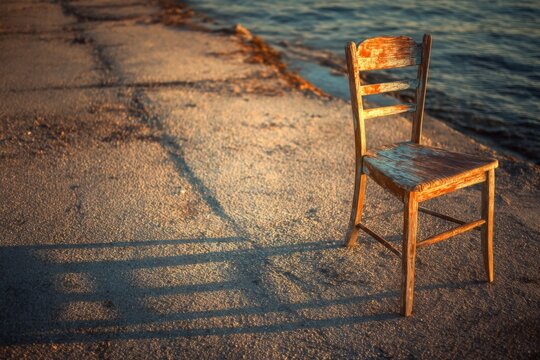 Old wooden chair placed on a sandy shore near a body of water at sunset