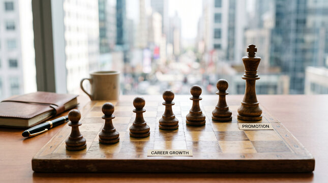 Wooden chess pawns lined up toward king piece on office board