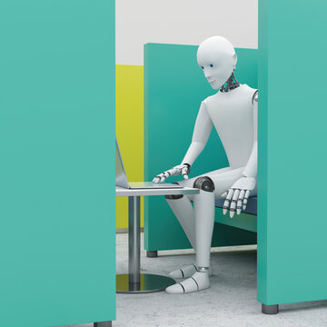 Robot using laptop in office cubicle, 3d rendering