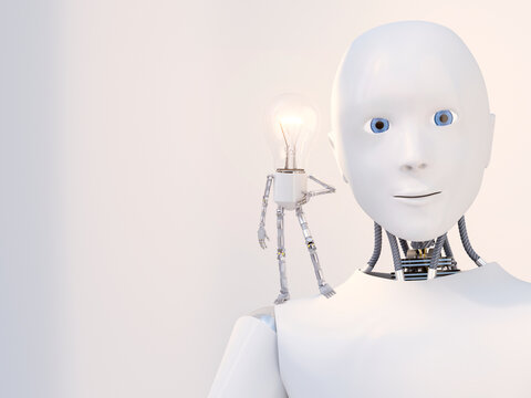 3D rendering, Little bulb manikin standing on shoulder of a robot