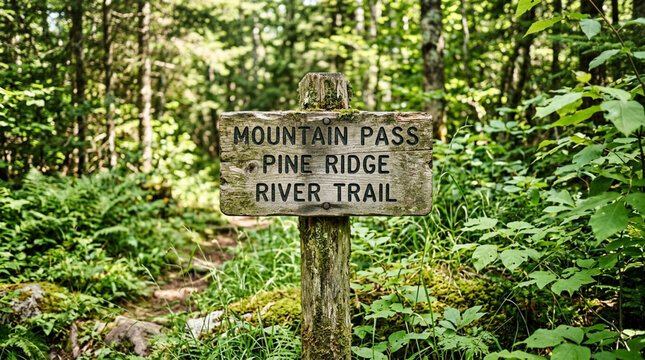 Wooden trail sign in lush green forest, indicating Mountain Pass, Pine Ridge, River Trail
