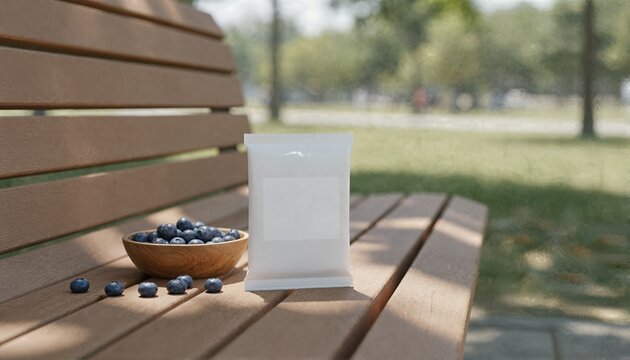 White snack bar wrapper with a clean label on a picnic bench with fresh summer berries