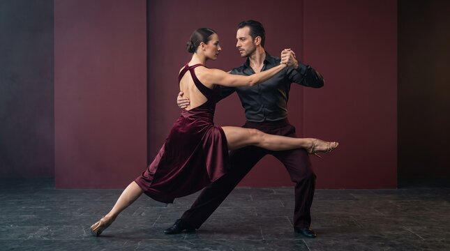 Two Professional Tango Dancers Gancho Leg Sweep with Burgundy Velvet Dress and Dark Studio Atmosphere &mdash; Cinematic