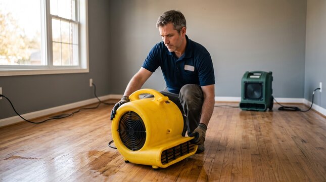 Flood restoration technician positioning air mover on damp hardwood floor, professional structural drying, residential water damage cleanup and recovery service