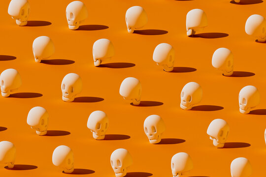 A spooky 3D cartoon skull pattern covers an orange background