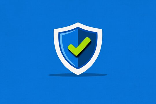 Blue security shield icon with green checkmark on blue background