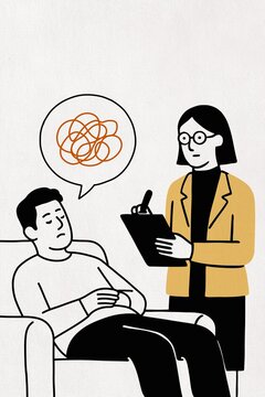 Woman therapist helps man patient with mental health stress
