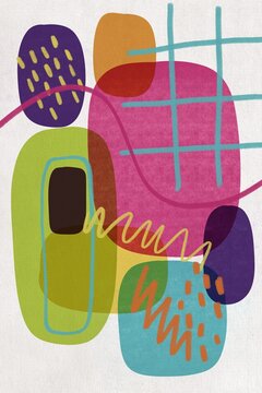 This colorful abstract illustration features overlapping shapes