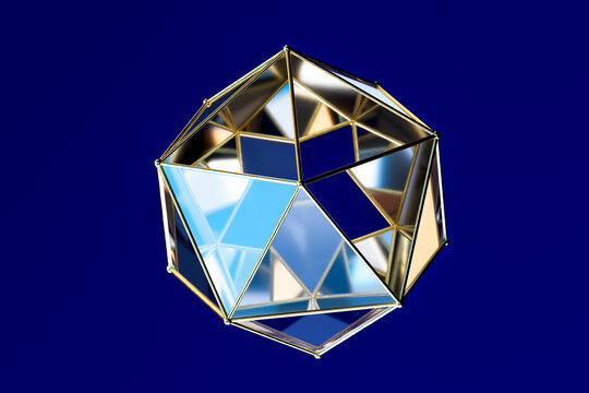 3D glass icosahedron with gold edges on blue background