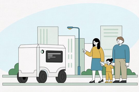 Family points at an autonomous delivery robot in a smart city