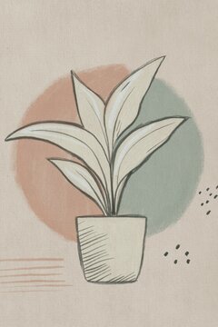 An abstract boho illustration shows a potted plant in earth tones