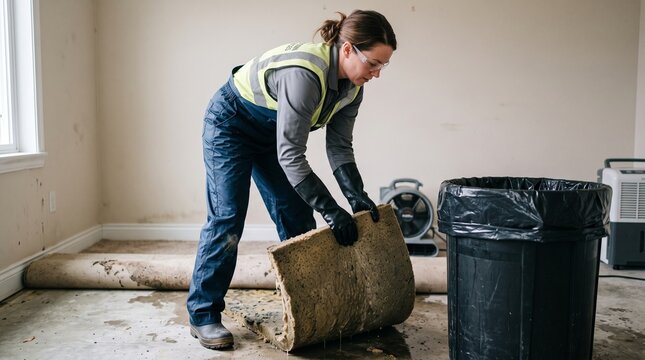 Soaked carpet padding removal after residential flooding, professional flood cleanup worker, damaged flooring disposal and water restoration service