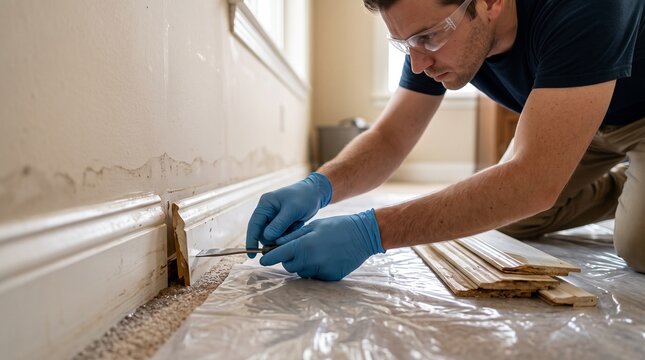 Water damaged baseboard removal by flood cleanup technician, professional restoration detail, controlled interior repair after residential flooding and moisture intrusion