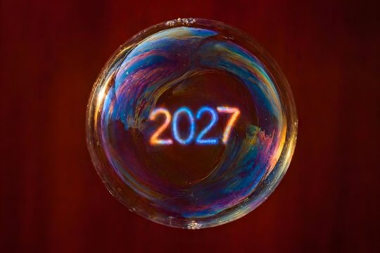 Abstract style year 2027 numbers inside shiny iridescent soap bubble.