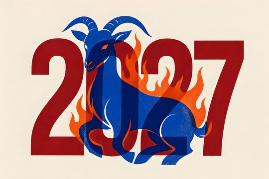 Graphic poster style illustration with blue goat red flame and 2027 text