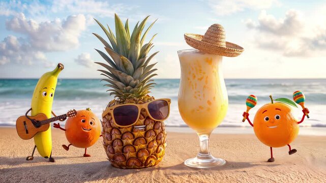 Animated tropical fruits playing music and dancing on sandy beach. Summer vacation concept with pineapple, banana, and oranges. Panning and tilting camera movement.