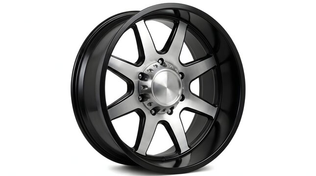 Black and silver custom alloy wheel rim isolated on white background.