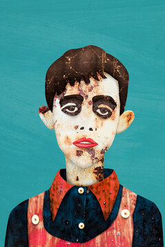 Digital collage illustration shows a weathered farm boy portrait