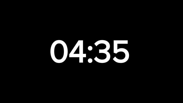 Starting soon Digital countdown clock timer in 5 hours to zero second. White text number on animated black background. Element for overlay concept.