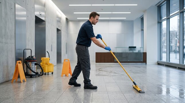 Commercial flood cleanup worker clearing water from tiled lobby, professional business restoration service, workplace water damage response and facility recovery