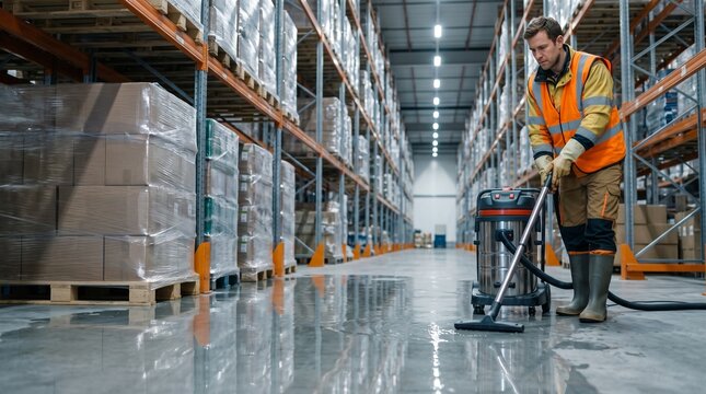 Warehouse flood cleanup worker removing water from concrete aisle, professional industrial restoration, facility water damage recovery and safe commercial cleanup