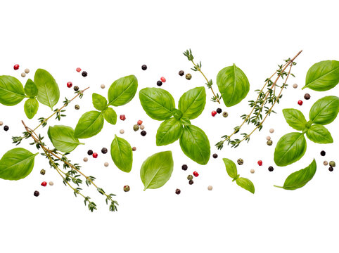 Fresh green basil leaves, thyme sprigs, and mixed peppercorns floating on a white background