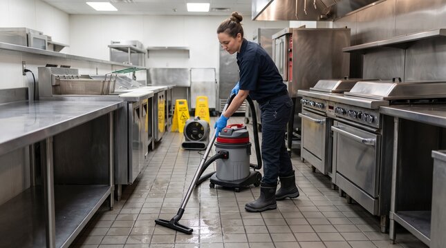 Commercial kitchen flood cleanup worker vacuuming tiled floor, professional business restoration, water damage response and facility cleanup in food service environment