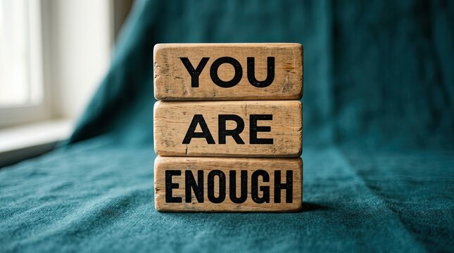 Wooden blocks spell out the affirmation you are enough on a teal background