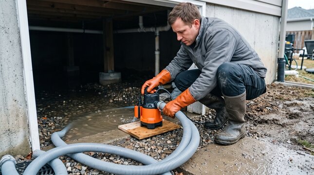 Crawlspace flood cleanup worker operating compact pump from safe entrance, professional residential water removal, moisture control and property restoration