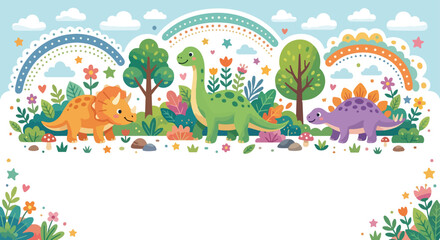 An adorable vector illustration of cute cartoon dinosaurs amidst colorful rainbows, trees, flowers, and stars. © Regina