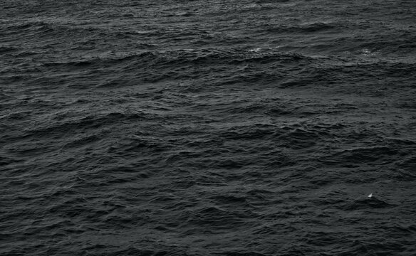 Dark turbulent ocean water surface with choppy waves and sea foam. Full frame abstract natural background texture of a rough sea in dark moody colors.