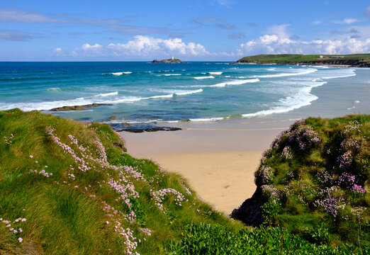 UK, England, Cornwall, Gwithian, beach and Godrevy Lighthouse in background