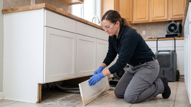 Water damaged kitchen cabinet panel removal after flooding, professional restoration detail, targeted moisture access and residential cleanup preparation