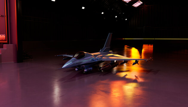 3D rendering of a modern fighter jet in a dark hangar